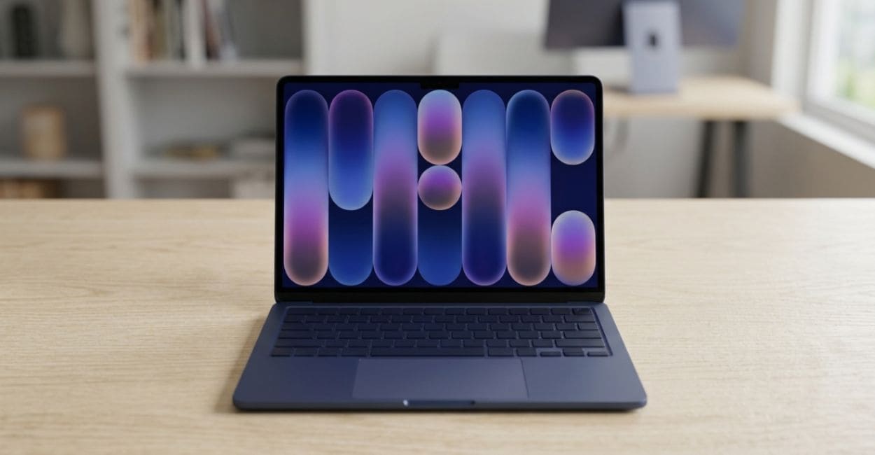 MacBook Neo é bom - notebook aberto sobre mesa de madeira com tela Liquid Retina exibindo papel de parede colorido