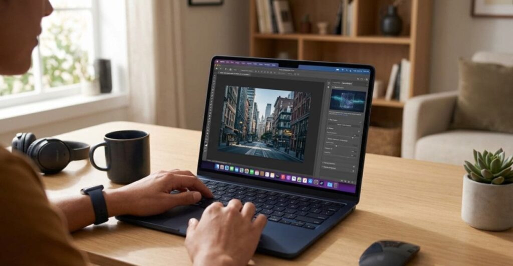 Pessoa usando o MacBook Neo para editar fotos em ambiente de trabalho