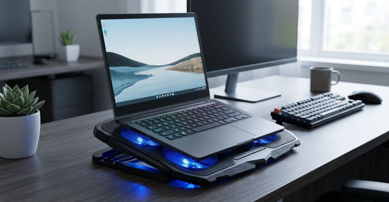 cooler para notebook com ventoinhas de LED azul em mesa de escritório