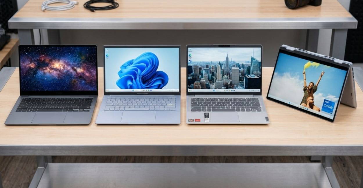 notebook 14 polegadas de diferentes marcas lado a lado em mesa de escritório