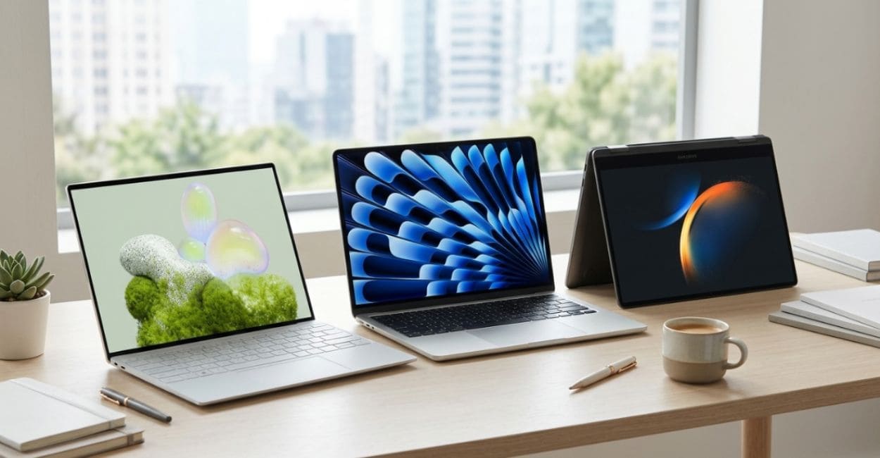 Três notebooks ultrafinos abertos lado a lado em mesa de escritório com vista para a cidade