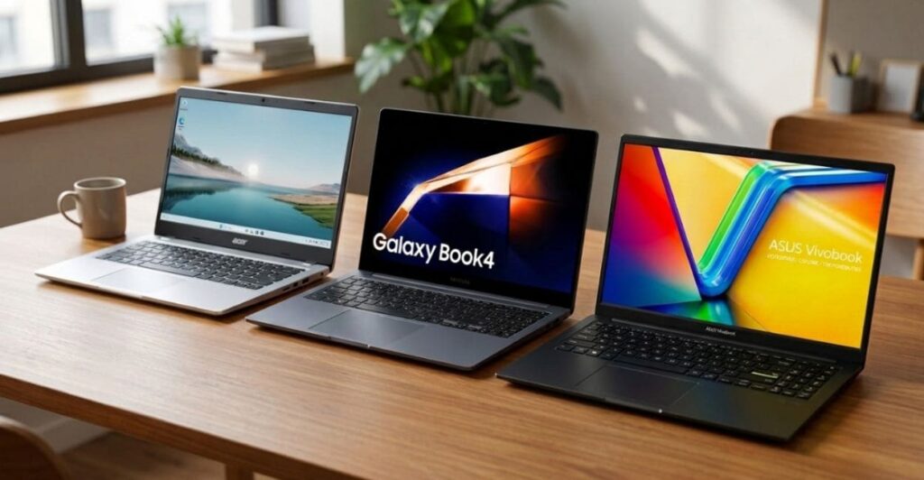 comparativo entre notebooks 8gb ram Acer, Samsung e ASUS lado a lado
