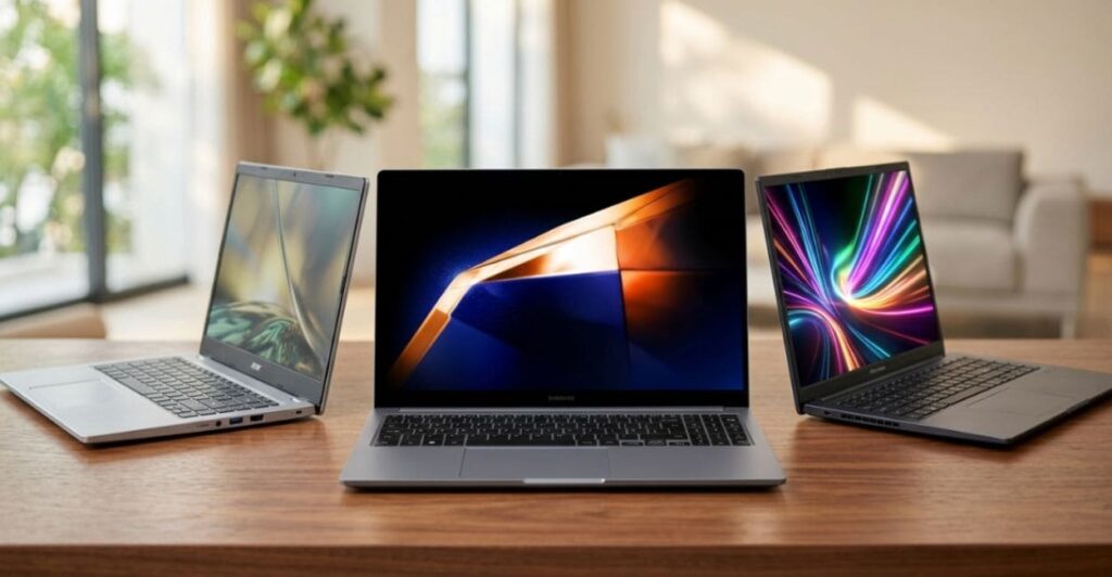 modelos de notebook 8gb ram Acer, Samsung e Dell vistos de lado