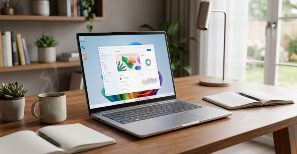 notebook 14 polegadas em uso sobre mesa de home office