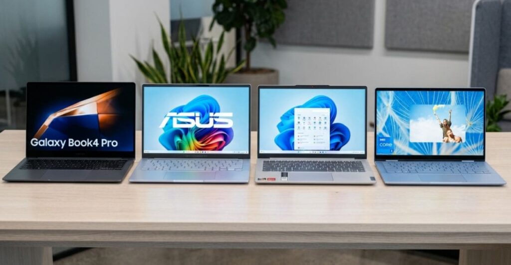 notebooks 14 polegadas de marcas diferentes em mesa de escritório