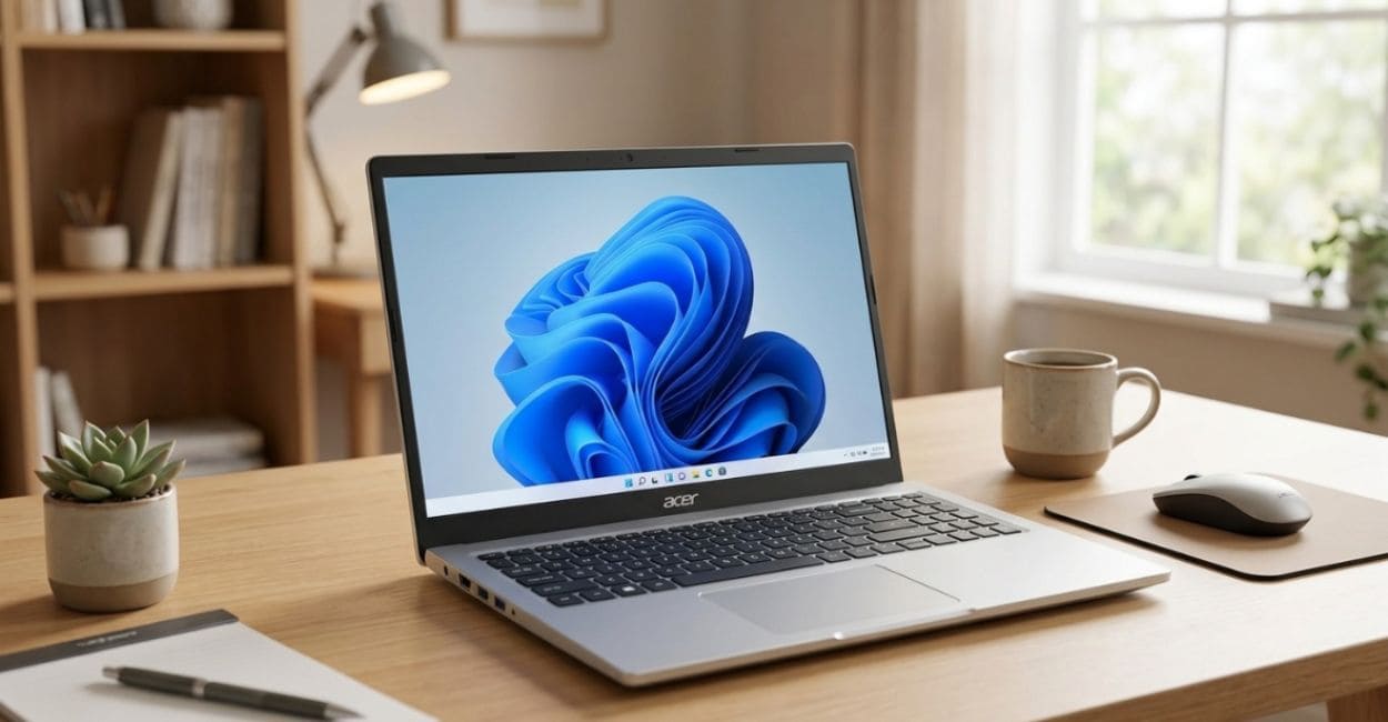 notebook 8gb ram sobre mesa de escritório com tela mostrando o Windows 11