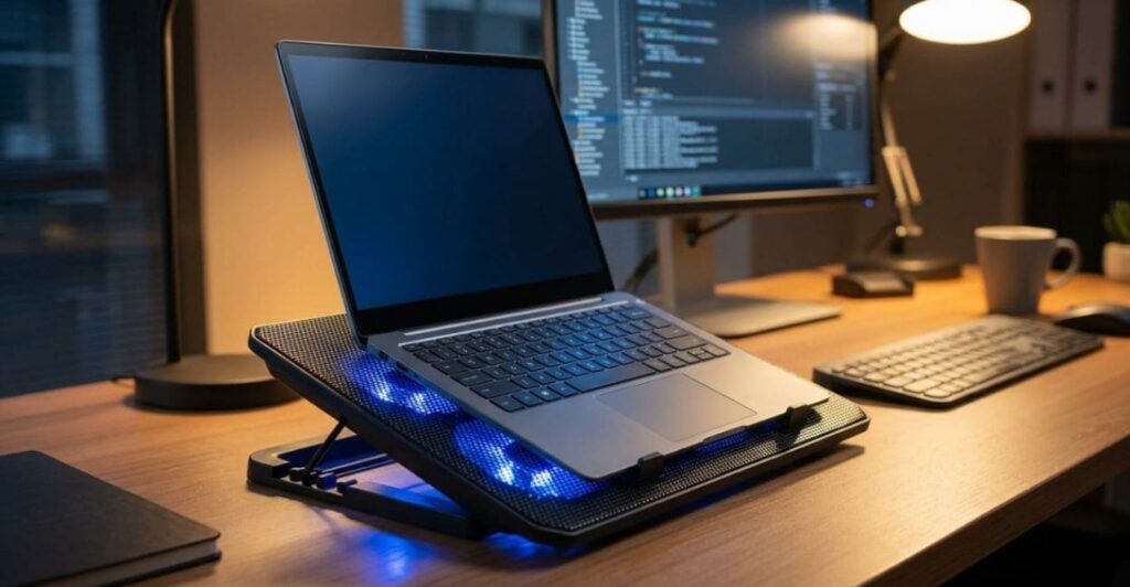 notebook sobre base cooler com ventoinhas acesas em mesa de escritório