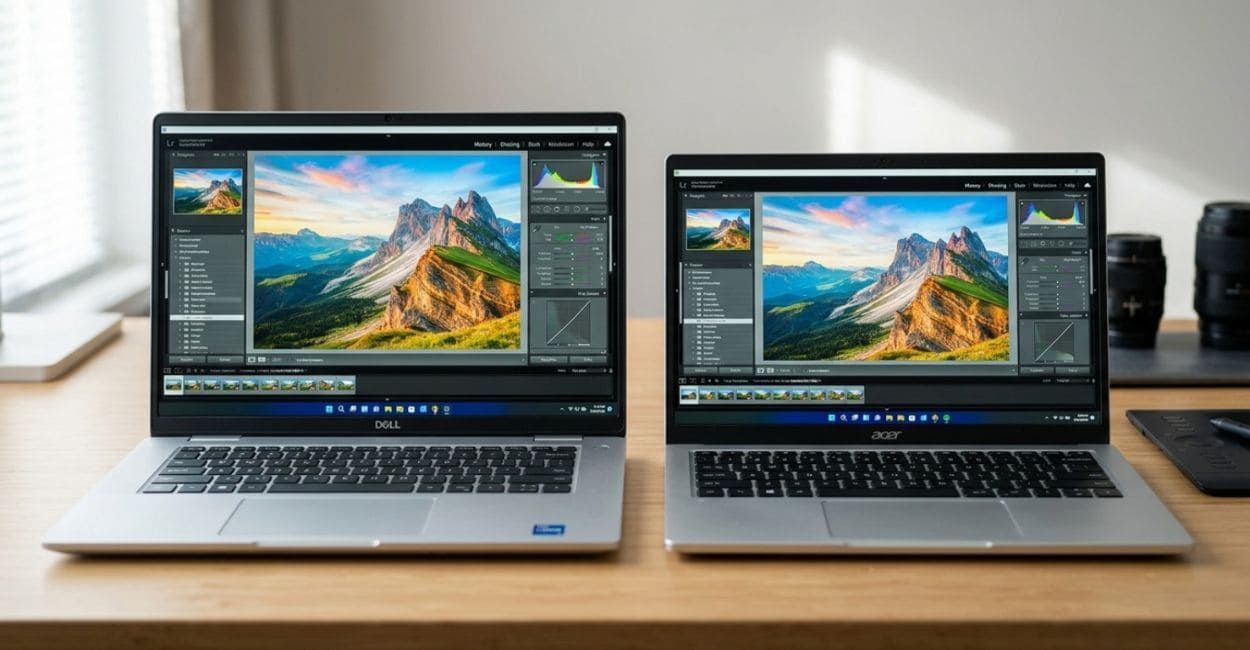 notebook para edição de fotos com Lightroom aberto comparando dois modelos lado a lado