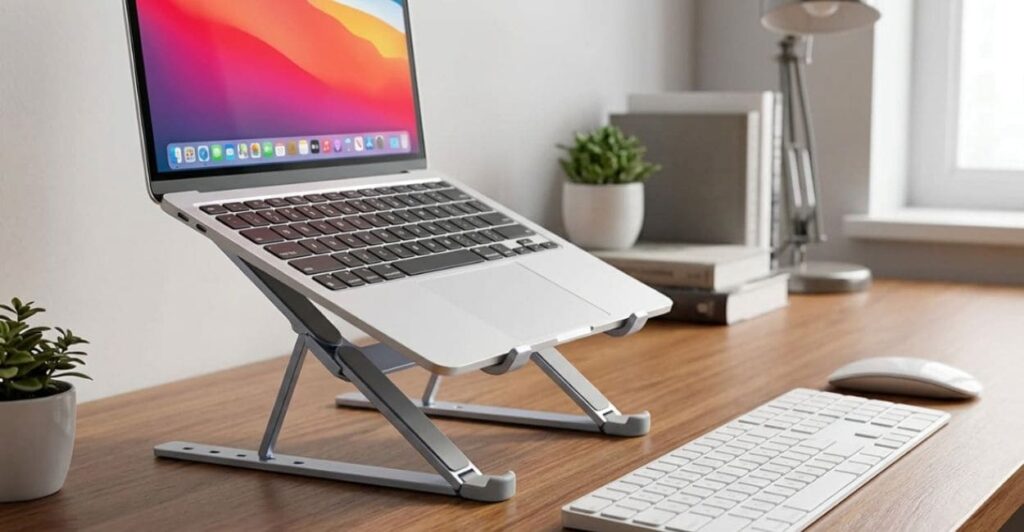 notebook elevado sobre suporte ergonômico com teclado e mouse externos