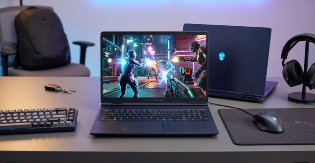 Notebook Gamer Alienware 16 rodando jogo de ação em setup gamer