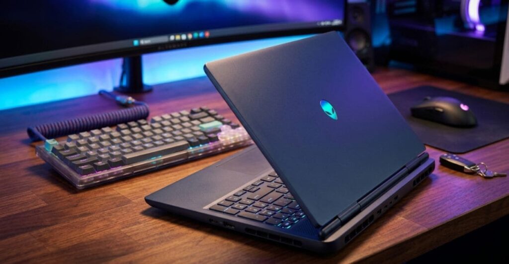 Notebook Gamer Alienware 16 com design premium em mesa gamer