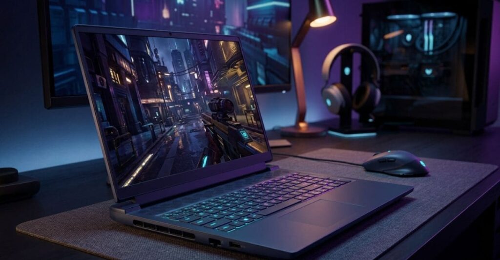 Notebook Gamer Alienware 16 em setup gamer com teclado iluminado