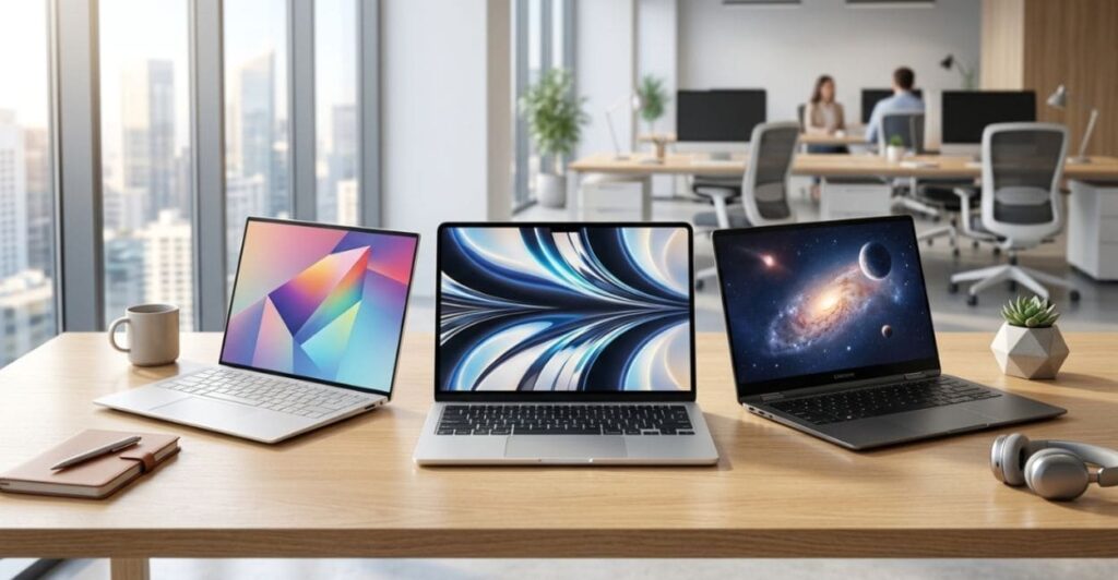 Três notebooks ultrafinos abertos em mesa de escritório corporativo