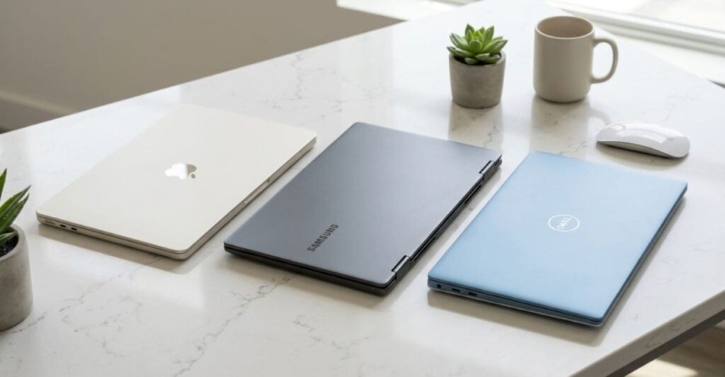 Três notebooks ultrafinos fechados de marcas diferentes sobre mesa clara