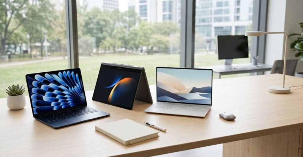Três notebooks ultrafinos abertos em mesa de escritório com vista para parque e prédios