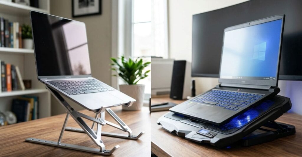 comparação entre suporte para notebook com cooler e sem cooler