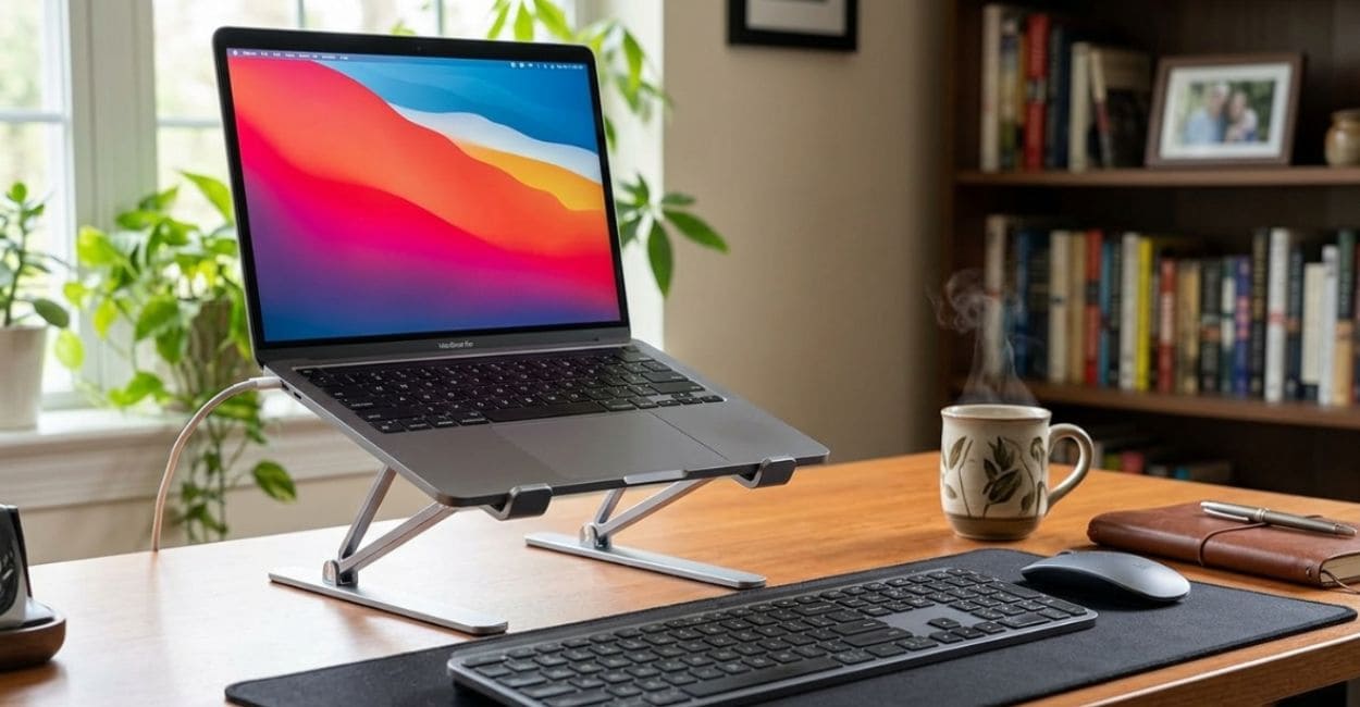 suporte para notebook em ambiente de home office iluminado com luz natural