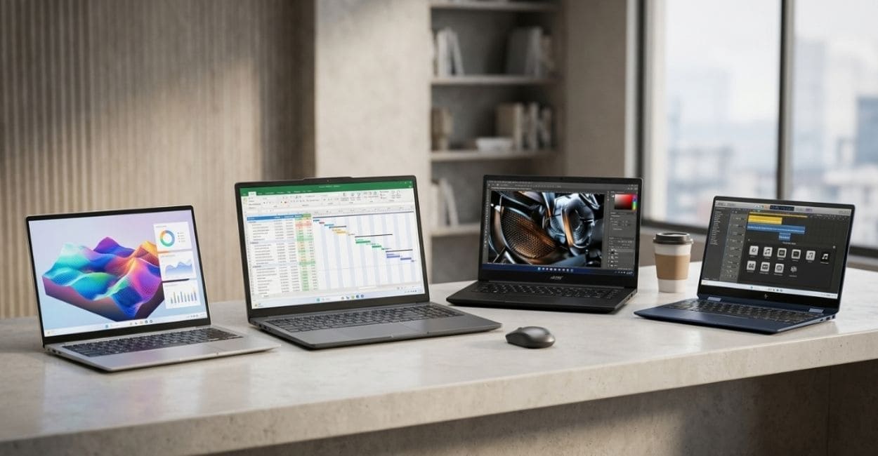 Comparação entre diferentes marcas de notebook: quatro modelos lado a lado sobre uma bancada de escritório