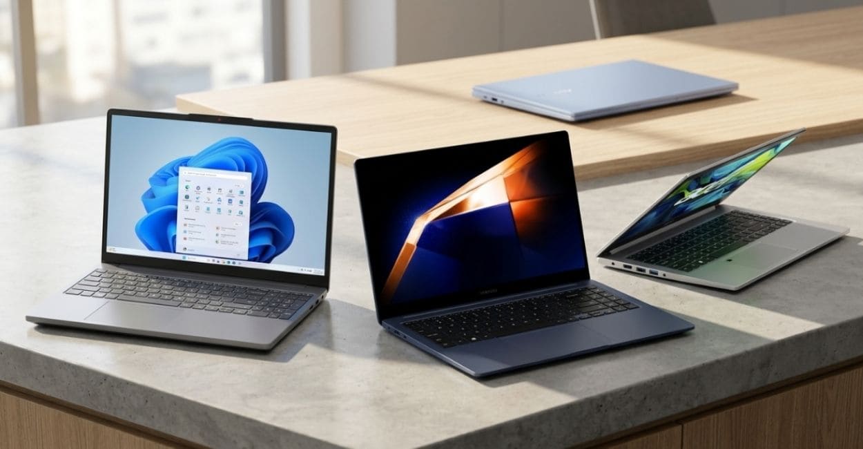 Notebook em mesa de escritório com prêmio de reconhecimento ao fundo, simbolizando a reputação da marca do notebook