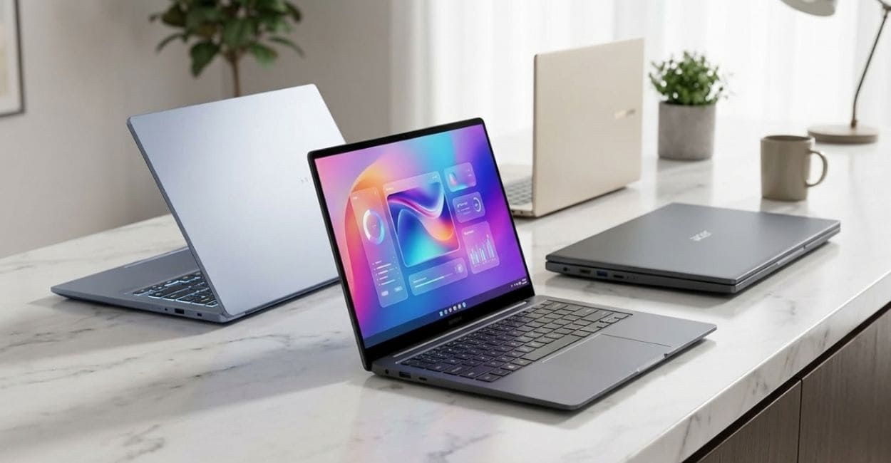 Notebooks abertos e fechados de marcas diferentes sobre uma mesa, ilustrando o ranking de melhor marca de notebook