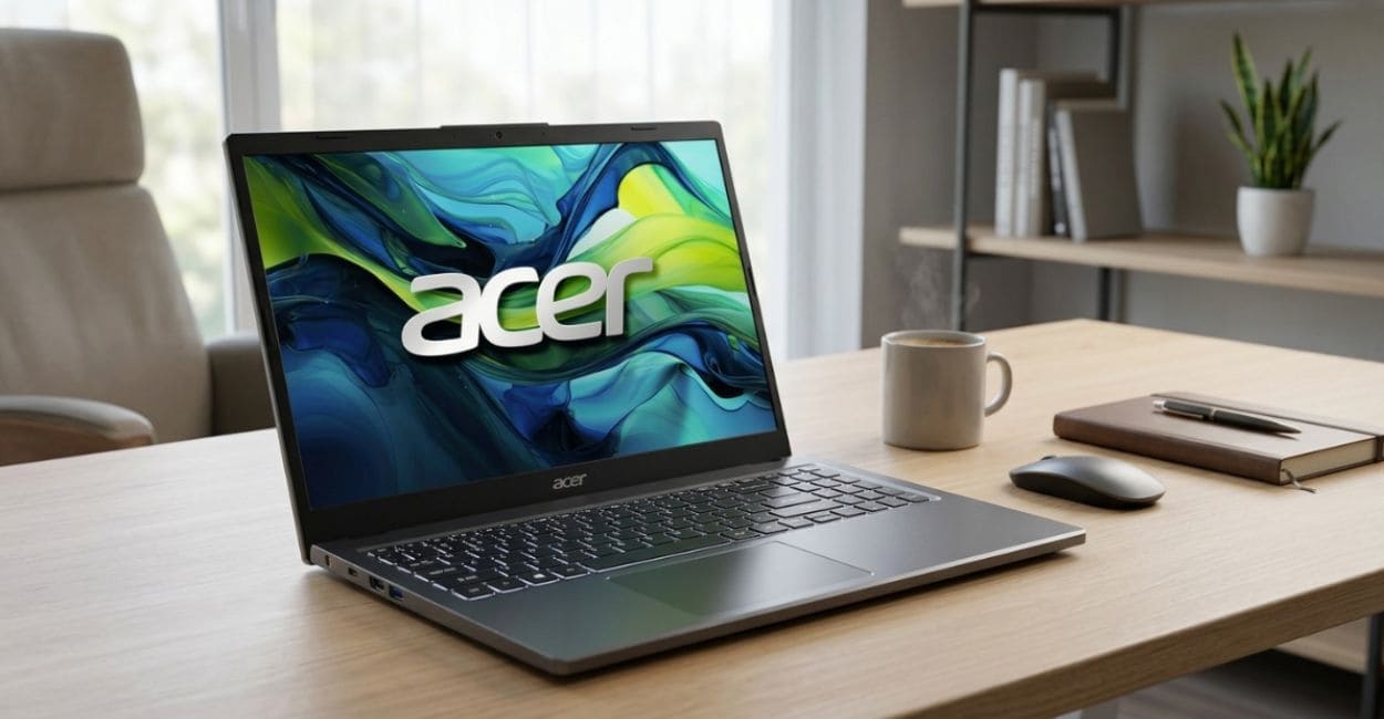 Notebook Acer Aspire 5 A15-51M-54E6 aberto sobre mesa de home office com luz natural