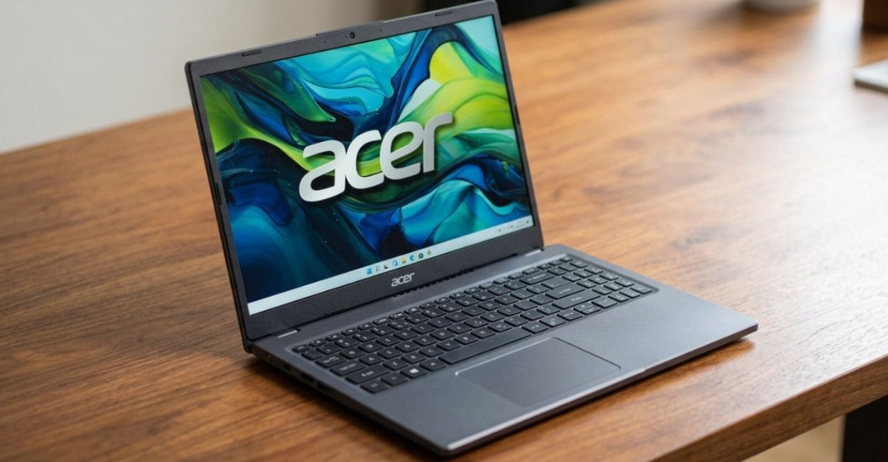 Vista lateral do Acer Aspire 5 A15-51M-54E6 mostrando espessura e portas