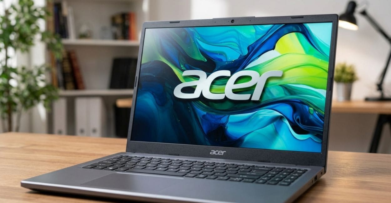 Acer Aspire 5 A15-51M-54E6 com a tela acesa em ambiente com pouca luz