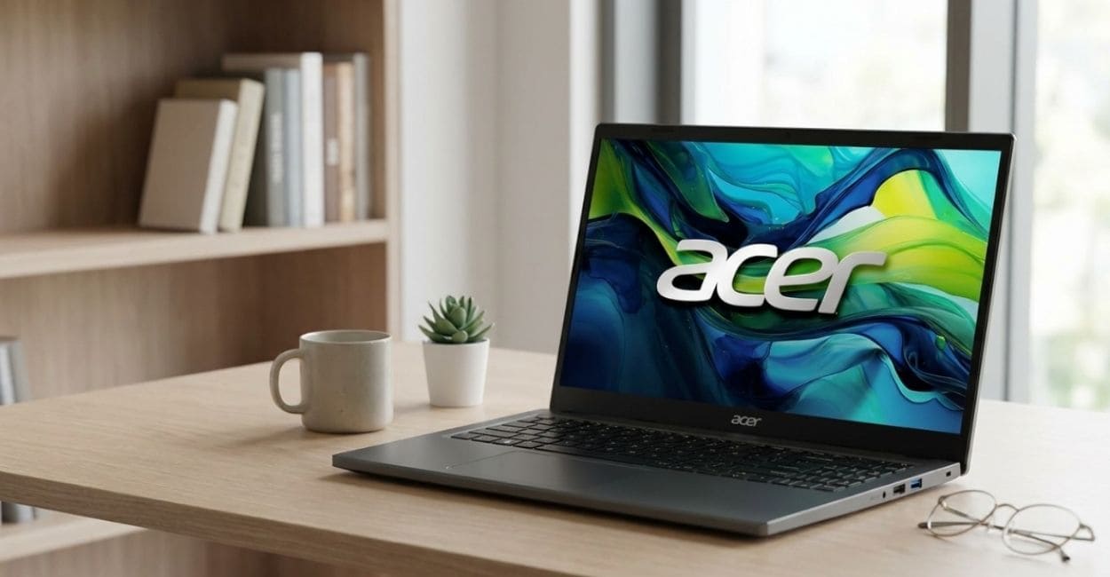 Acer Aspire Go 15 aberto em mesa de trabalho, tela ligada