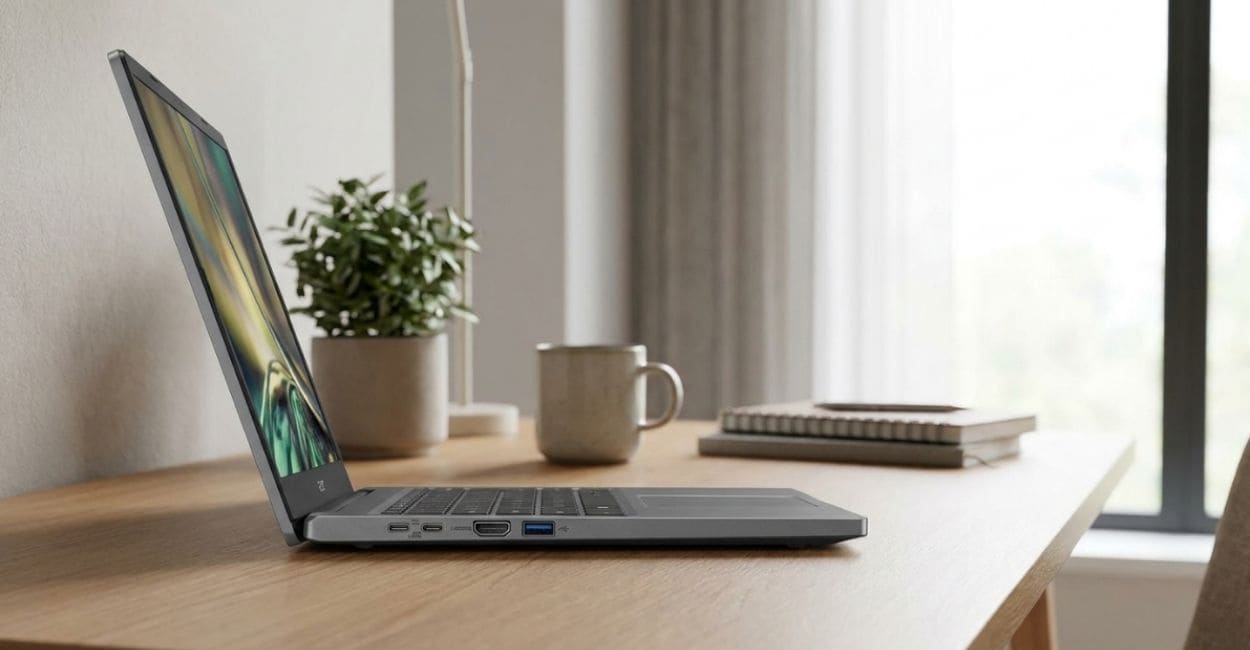 Acer Aspire Go 15 visto de lado, mostrando as portas e a espessura do chassi
