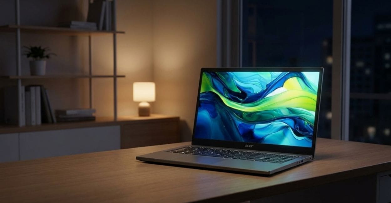Acer Aspire Go 15 em uso noturno, tela acesa em ambiente com pouca luz