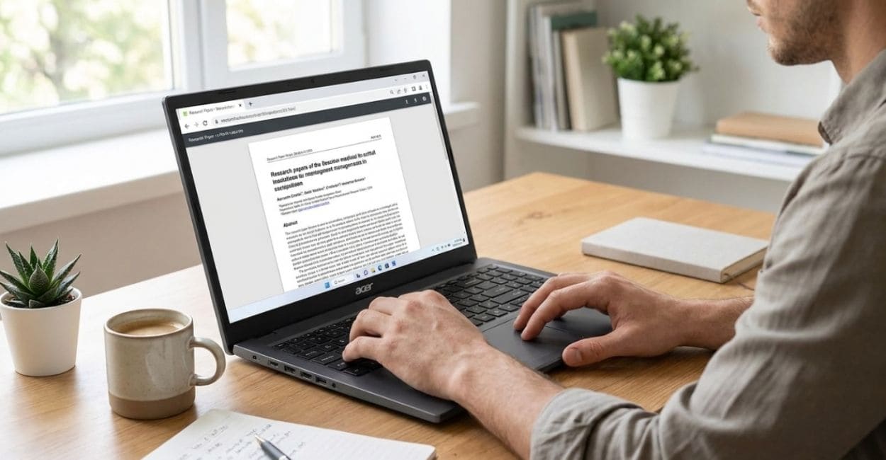 Pessoa usando o Acer Aspire Go 15 em ambiente de home office, documento aberto na tela