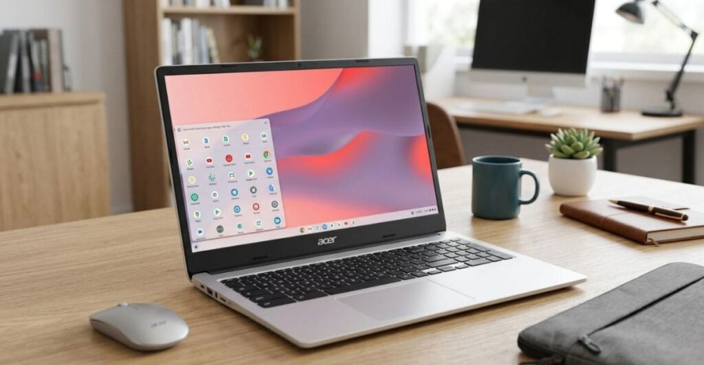 Acer Chromebook 315 em uso, com Chrome OS aberto no navegador