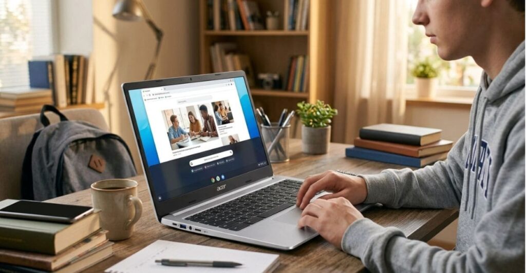Estudante usando o Acer Chromebook 315 para estudos