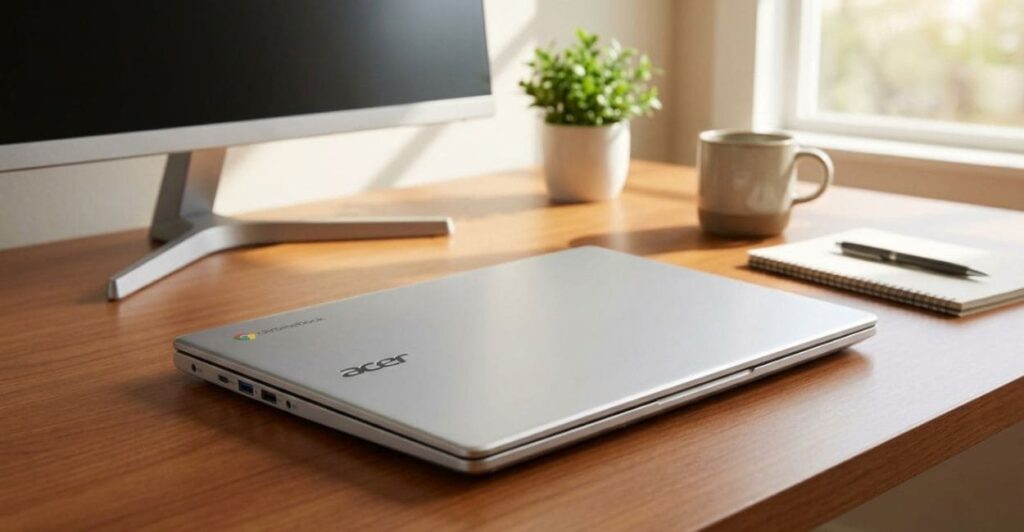 Acer Chromebook 315 fechado, mostrando o design em prata