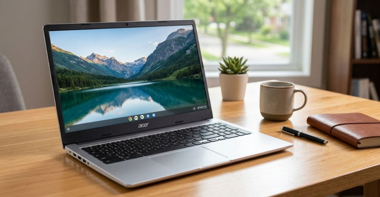 Acer Chromebook 315 aberto sobre mesa de home office, tela ligada, vista frontal