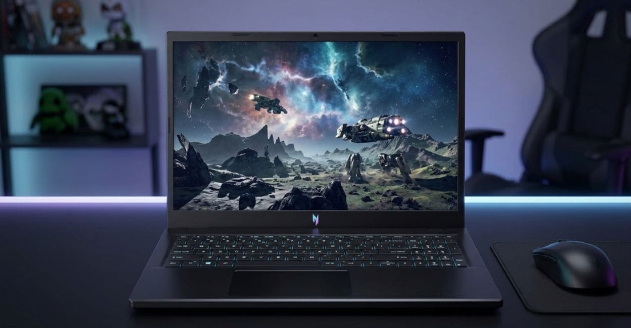 Acer Nitro V15 ANV15-52-56PD aberto com cena de jogo espacial na tela, teclado retroiluminado azul e luz neon ao fundo