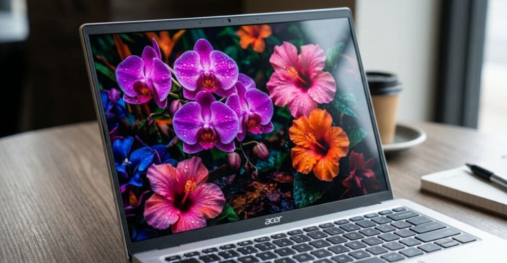 Detalhe da tela OLED do Acer Swift Go 14 com cores vibrantes