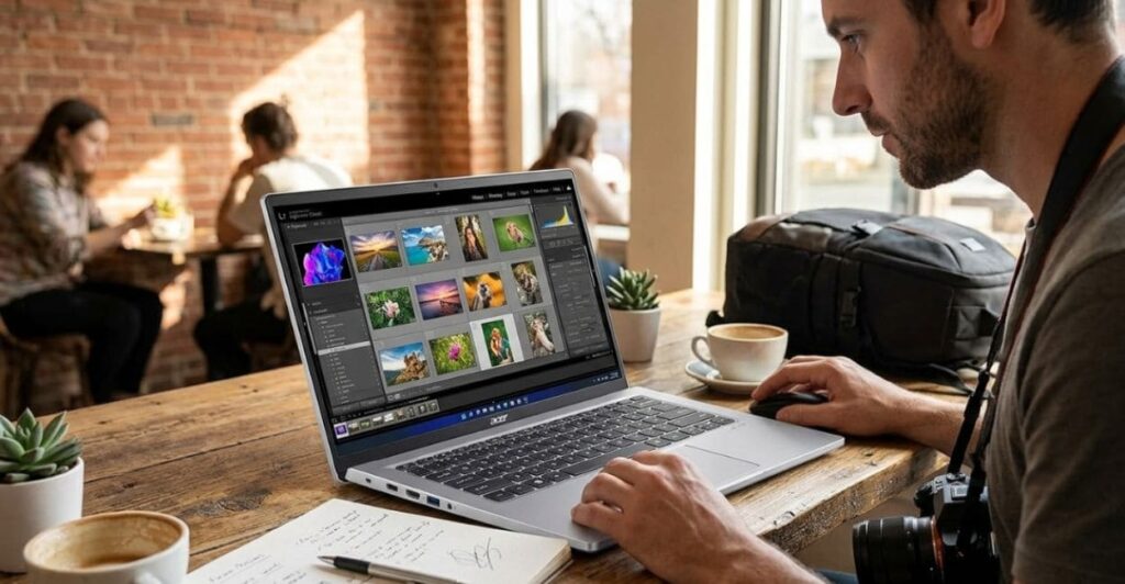 Fotógrafo revisando fotos no Acer Swift Go 14 OLED em cafeteria