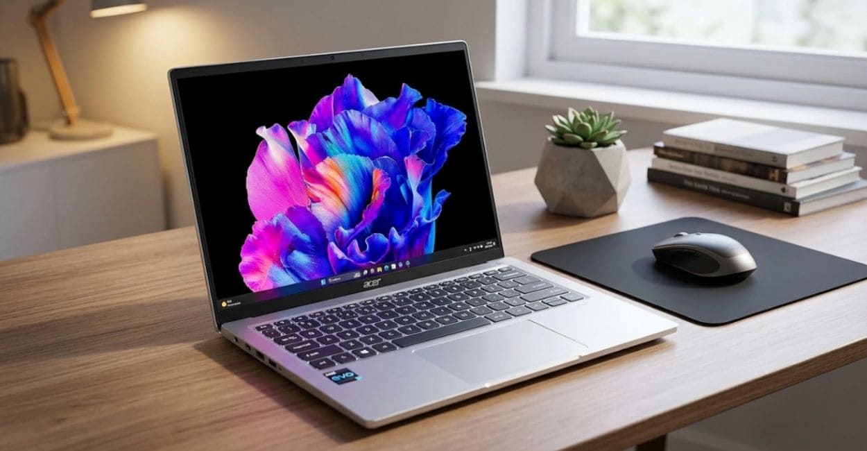 Acer Swift Go 14 OLED aberto sobre mesa de trabalho com luz natural