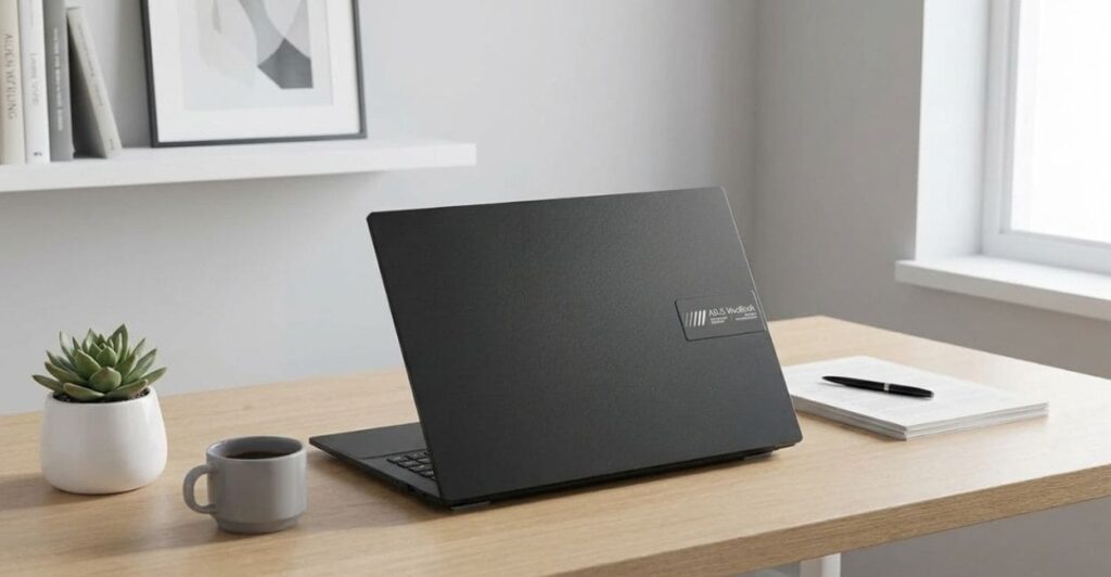 Close-up do chassi preto do ASUS Vivobook Go 15 512gb, destacando o logo ASUS