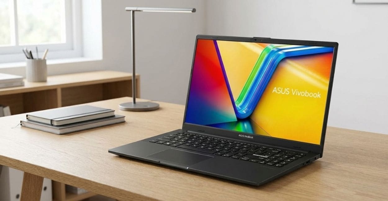 ASUS Vivobook Go 15 preto aberto em mesa de home office com luz natural