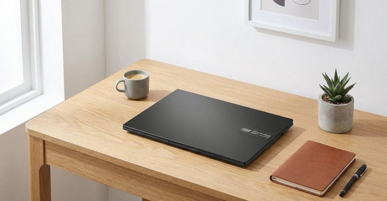 ASUS Vivobook Go 15 fechado visto de cima, mostrando o logo ASUS na tampa