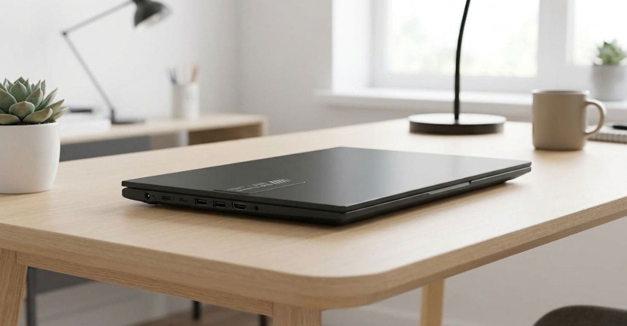 ASUS Vivobook Go 15 em ângulo lateral, mostrando a espessura fina do chassi e as portas de conexão