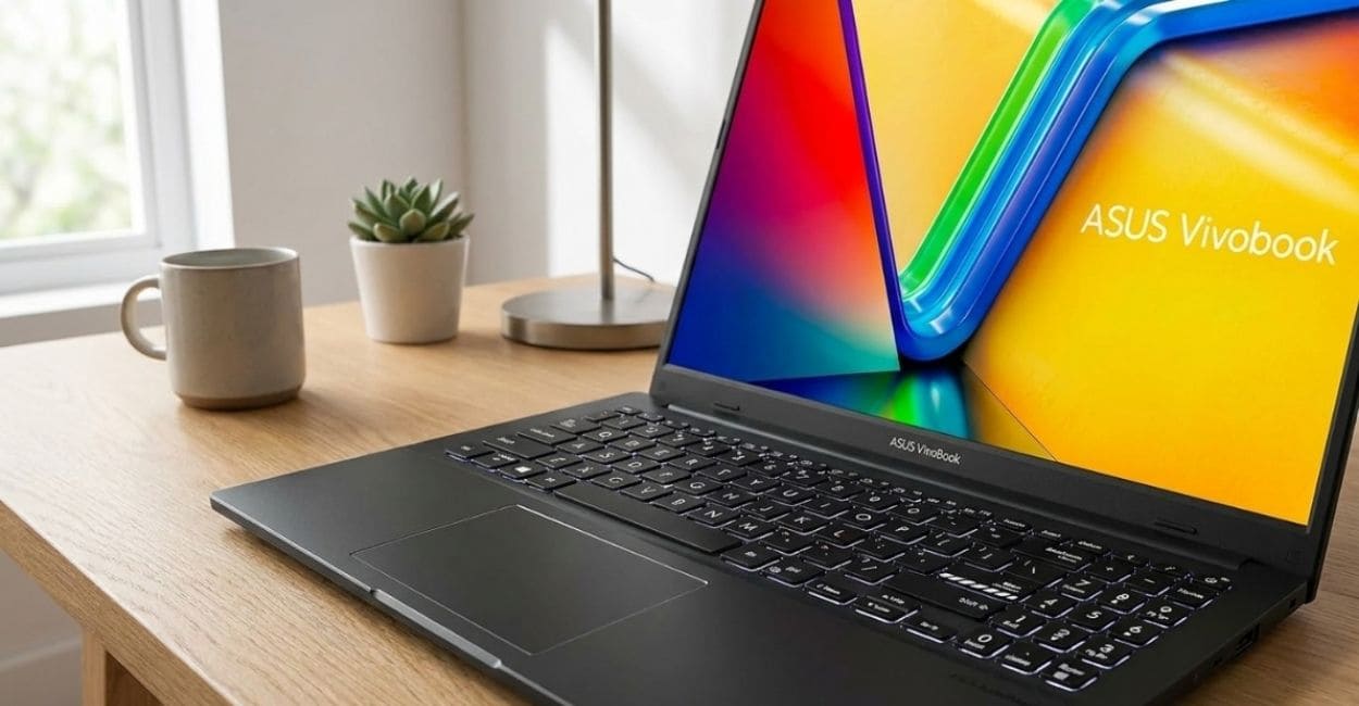 ASUS Vivobook Go 15 aberto sobre mesa de madeira em ambiente de trabalho remoto