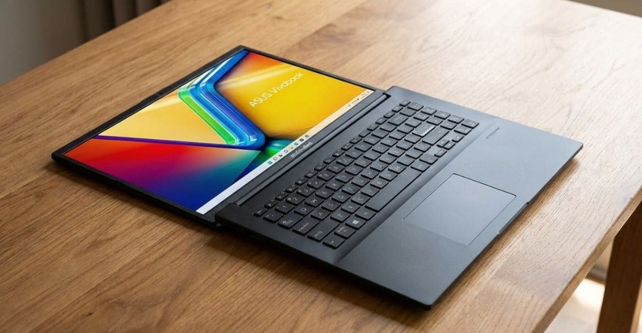 Teclado chiclet do ASUS Vivobook Go 15 com touchpad grande, vista superior