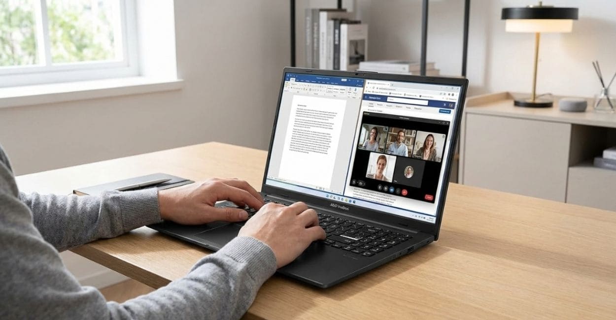 Pessoa estudando em mesa de escritório com o ASUS Vivobook Go 15 aberto