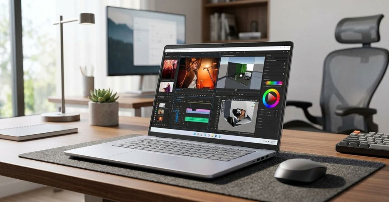 Dell Inspiron 16 Plus 7640 aberto sobre mesa com software de edição de vídeo e fotos na tela