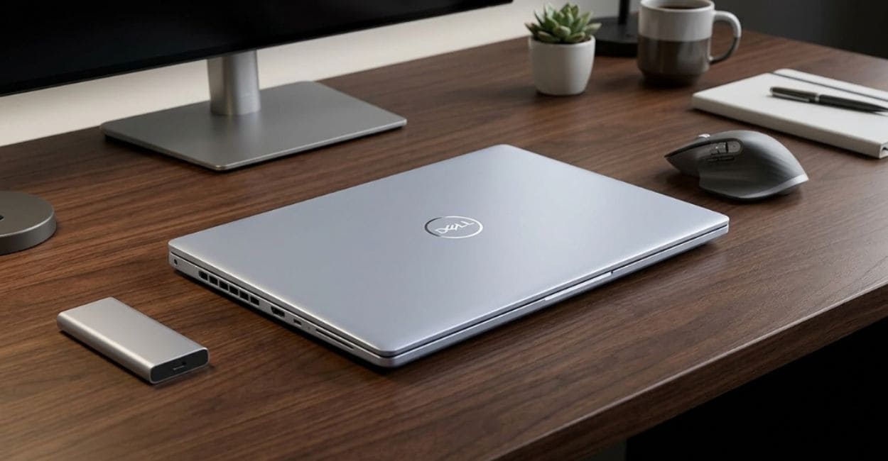 Dell Inspiron 16 Plus 7640 fechado sobre mesa de madeira escura, com o logo Dell iluminado na tampa