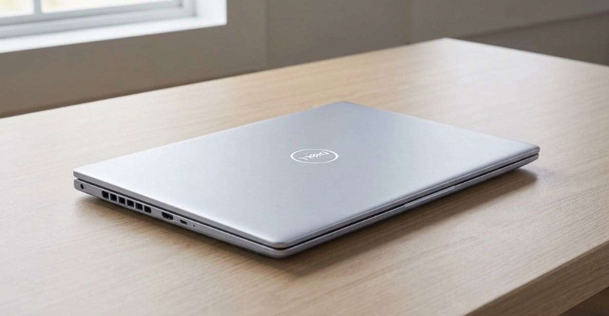 Dell Inspiron 16 Plus 7640 fechado, visto de perfil, mostrando a espessura do chassi e as portas laterais