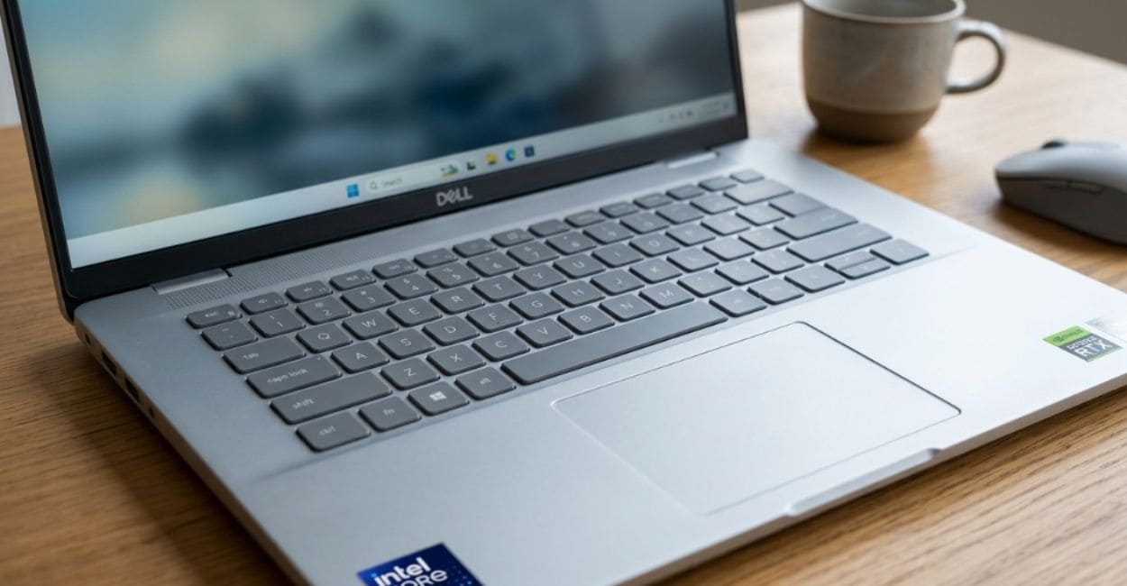Teclado e touchpad do Dell Inspiron 16 Plus 7640 vistos em detalhe, com selos Intel Core e NVIDIA RTX